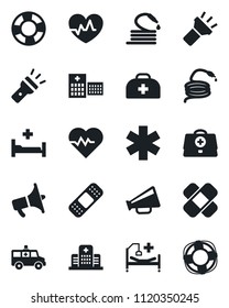 Set of vector isolated black icon - hose vector, heart pulse, doctor case, patch, ambulance star, car, hospital bed, loudspeaker, torch, crisis management
