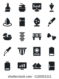 Set of vector isolated black icon - passport vector, pennant, statistic monitor, water drop, bench, dropper, broken bone, traffic light, low battery, themes, copier, fruit tree, salad, serviette