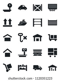 Set of vector isolated black icon - railroad vector, sea shipping, truck trailer, cargo container, car delivery, consolidated, warehouse storage, up side sign, no hook, heavy scales, rack