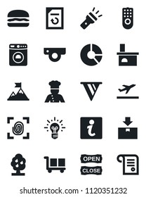 Set of vector isolated black icon - departure vector, washer, document reload, circle chart, fireplace, cargo, package, torch, fruit tree, cook, open close, hamburger, fingerprint, remote control