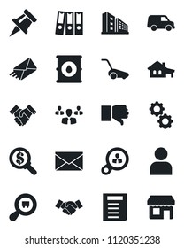 Set of vector isolated black icon - handshake vector, mail, document, lawn mower, oil barrel, search cargo, finger down, user, drawing pin, paper binder, house with garage, office building, gear