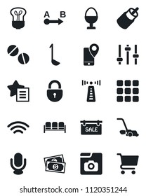 Set of vector isolated black icon - antenna vector, waiting area, lock, lawn mower, pills, cash, mobile tracking, route, microphone, favorites list, rca, menu, tuning, wireless, photo gallery, sale