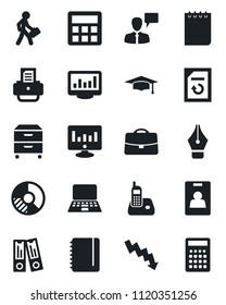 Set of vector isolated black icon - speaking man vector, office binder, graduate, notebook pc, notepad, crisis graph, statistic monitor, document reload, circle chart, printer, radio phone, case