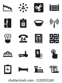 Set of vector isolated black icon - antenna vector, bed, airport building, hierarchy, greenhouse, pulse clipboard, 24 hours, container, touch screen, cut, identity card, contract, fridge, bowl, chip
