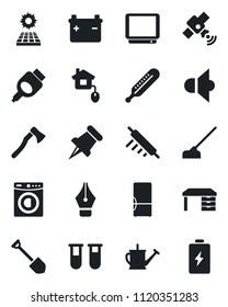 Set of vector isolated black icon - desk vector, job, watering can, hoe, axe, blood test vial, thermometer, satellite, speaker, tv, paper pin, hdmi, ink pen, sun panel, washer, fridge, rolling