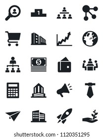 Set of vector isolated black icon - hierarchy vector, meeting, office building, consumer search, rocket, wallet, earth, growth graph, cart, cash, calculator, paper plane, social media, advertising