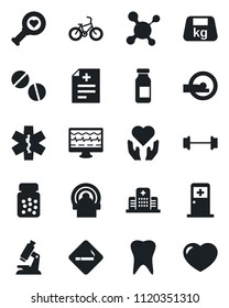 Set of vector isolated black icon - smoking place vector, medical room, monitor pulse, diagnosis, molecule, heart diagnostic, microscope, pills, bottle, ampoule, tomography, ambulance star, barbell