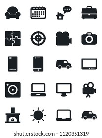 Set of vector isolated black icon - sun vector, camera, tv, video, cell phone, monitor, laptop pc, back, mobile, application, case, target, notebook, cushioned furniture, fireplace, home message