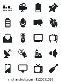 Set of vector isolated black icon - satellite antenna vector, flame disk, speaker, tv, equalizer, video camera, microphone, remote control, cell phone, touch screen, monitor, radio, finger down, low