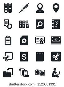 Set of vector isolated black icon - contract vector, document search, notepad, reload, pin, cash, receipt, folder, cut, clipboard, checklist, paper binder, book, pen, certificate, man with notebook