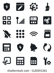 Set of vector isolated black icon - menu vector, update, protect, themes, calculator, stopwatch, bell, sd, sim, notes, wireless, mute, cut, cellular signal, application, root setup