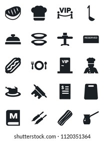 Set of vector isolated black icon - cook vector, restaurant table, cafe, hat, menu, reserved, reception, plates, bacon, vip zone, receipt, chicken, steak, kebab, hot dog, ladle, rolling pin