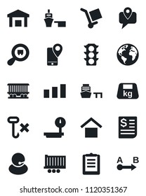 Set of vector isolated black icon - earth vector, railroad, traffic light, support, mobile tracking, truck trailer, receipt, sea port, clipboard, cargo, warehouse storage, no hook, sorting, heavy