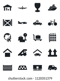 Set of vector isolated black icon - taxi vector, baggage trolley, alarm car, ladder, plane, seat map, luggage scales, globe, bike, sea shipping, cargo container, fragile, warehouse storage, railroad