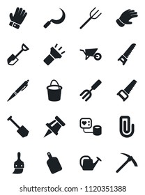 Set of vector isolated black icon - job vector, garden fork, shovel, farm, watering can, wheelbarrow, bucket, glove, saw, sickle, blood pressure, themes, torch, drawing pin, paper clip, pen