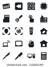 Set of vector isolated black icon - wireless notebook vector, pen, pc, garden fork, barcode, remote control, touch screen, radio phone, rewind, sd, face id, eye, copier, smart home, chip, calculator