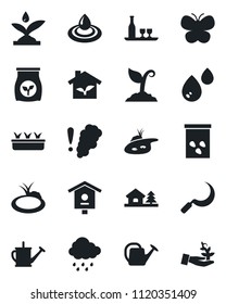 Set of vector isolated black icon - watering can vector, sproute, butterfly, seedling, rain, sickle, seeds, pond, bird house, fertilizer, with tree, alcohol, eco, irrigation, water, smoke detector
