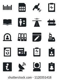 Set of vector isolated black icon - runway vector, elevator, signpost, reception, identity card, book, document reload, pulse clipboard, barcode, satellite antenna, radio phone, sim, notes, face id