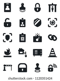 Set of vector isolated black icon - barrier vector, security gate, bomb in case, stamp, border cone, safe, identity card, shield, flammable, chain, lock, face id, eye, home control, wireless