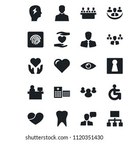 Set of vector isolated black icon - female vector, brainstorm, manager place, heart, disabled, hand, tooth, eye, hospital, client, speaker, group, user, fingerprint id, company, meeting, hierarchy