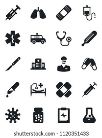 Set of vector isolated black icon - stethoscope vector, syringe, dropper, thermometer, pills, bottle, scalpel, patch, ambulance star, car, hospital bed, lungs, pulse clipboard, doctor, virus, flask