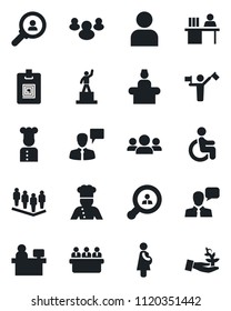 Set of vector isolated black icon - dispatcher vector, reception, speaking man, pedestal, team, meeting, manager place, disabled, pregnancy, speaker, group, user, identity card, desk, client search