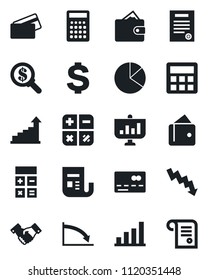 Set of vector isolated black icon - credit card vector, handshake, growth statistic, dollar sign, calculator, crisis graph, news, bar, pie, contract, wallet, money search, presentation