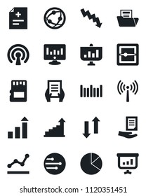 Set of vector isolated black icon - antenna vector, growth statistic, crisis graph, document, monitor, diagnosis, barcode, network, scanner, sd, data exchange, pie, folder, point, wireless