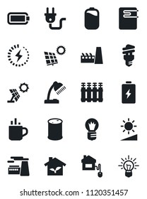 Set of vector isolated black icon - hot cup vector, bulb, factory, oil barrel, brightness, battery, charge, desk lamp, sun panel, home control, eco house, power plug, water heater, radiator, idea