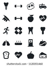 Set of vector isolated black icon - medical room vector, pumpkin, heart pulse, patch, ambulance car, barbell, run, lungs, tooth, implant, diet, bread, rolling pin, omelette, apple fruit, cheese