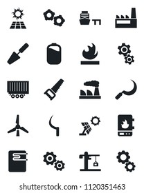 Set of vector isolated black icon - gear vector, factory, trowel, saw, sickle, truck trailer, sea port, flammable, battery, windmill, crane, water heater, sun panel