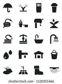 Set of vector isolated black icon - bucket vector, boot, well, hose, pond, drip irrigation, sea port, umbrella, warehouse, water supply, bathroom, drink, filter, warm floor, sprinkler