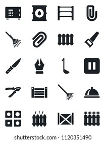 Set of vector isolated black icon - safe vector, rake, pruner, saw, container, oil barrel, rack, pause button, application, paper clip, ink pen, heater, dish, ladle, knife, radiator
