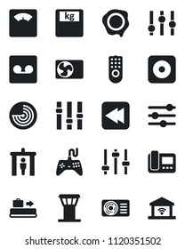 Set of vector isolated black icon - airport tower vector, baggage conveyor, security gate, radar, stamp, scales, gamepad, settings, rewind, rec button, tuning, record, air conditioner, intercome