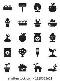 Set of vector isolated black icon - flower in pot vector, seedling, tree, sproute, plant label, fertilizer, fruit, salad, apple, eco house, palm