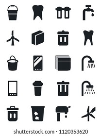 Set of vector isolated black icon - trash bin vector, shower, bucket, tooth, mobile, blank box, water supply, bathroom, filter, windmill