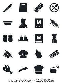 Set of vector isolated black icon - cook vector, cafe, hat, menu, bacon, salt and pepper, ham, bowl, rolling pin, cutting board, knife, steaming pan