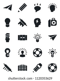 Set of vector isolated black icon - automatic door vector, brainstorm, bulb, camera, pencil, fence, rolling pin, energy saving, shining head, idea, paper plane, crisis management