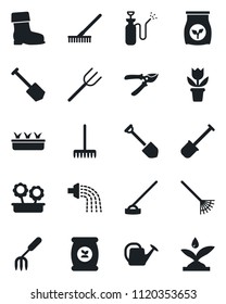 Set of vector isolated black icon - job vector, flower in pot, garden fork, shovel, farm, rake, watering can, pruner, boot, seedling, hoe, sprayer, fertilizer, irrigation