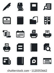 Set of vector isolated black icon - contract vector, document search, pen, notepad, printer, medical calendar, folder, news, copybook, book, schedule