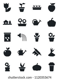Set of vector isolated black icon - flower in pot vector, seedling, watering can, sproute, pumpkin, seeds, tulip, house with tree, rolling pin, apple fruit, water filter