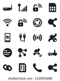 Set of vector isolated black icon - satellite vector, network, share, chain, rca, call, sim, cellular signal, wireless, lock, router, home control app, social media