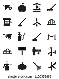 Set of vector isolated black icon - fence vector, rake, wheelbarrow, well, hoe, plant label, pumpkin, greenhouse, garden sprayer, drip irrigation, windmill