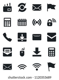 Set of vector isolated black icon - mail vector, mouse, calendar, call, download, wireless, update, calculator, lock, flag