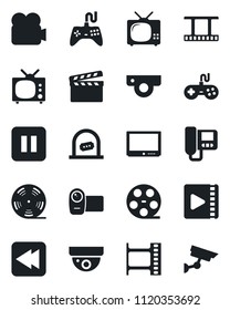 Set of vector isolated black icon - ticket office vector, clapboard, film frame, reel, gamepad, tv, video camera, pause button, rewind, web, intercome, surveillance