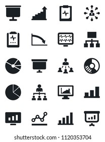 Set of vector isolated black icon - growth statistic vector, hierarchy, presentation board, monitor, circle chart, pulse, clipboard, statistics, bar graph, pie, point, crisis