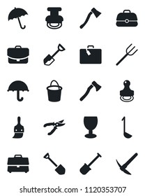Set of vector isolated black icon - suitcase vector, umbrella, job, shovel, farm fork, bucket, pruner, axe, fragile, themes, case, stamp, ladle, hard work