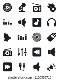 Set of vector isolated black icon - vinyl vector, flame disk, microphone, radio, speaker, equalizer, headphones, fast forward, rewind, rca, tuning, bell, music, sound, advertising