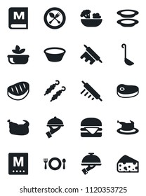 Set of vector isolated black icon - spoon and fork vector, cafe, menu, salad, plates, waiter, chicken, steak, kebab, hamburger, ladle, bowl, rolling pin, cheese