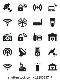 Set of vector isolated black icon - antenna vector, wireless notebook, office phone, satellite, radio, remote control, lock, router, garage gate